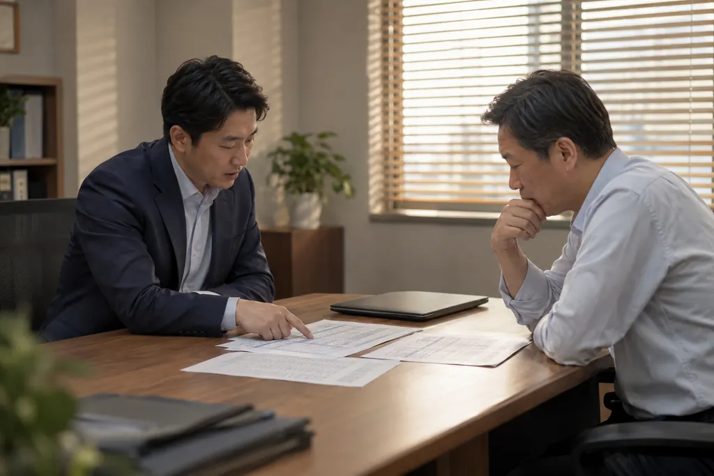 책상에 서류를 펼쳐 놓고 마주 앉아 이야기하는 두 사람