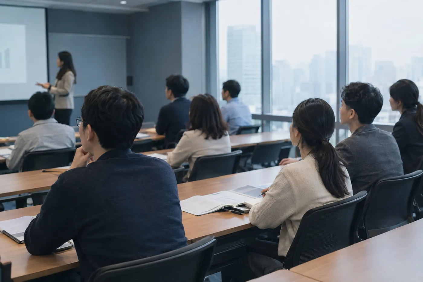 강의실에서 자료를 펴 놓고 앞을 보며 설명을 듣는 사람들