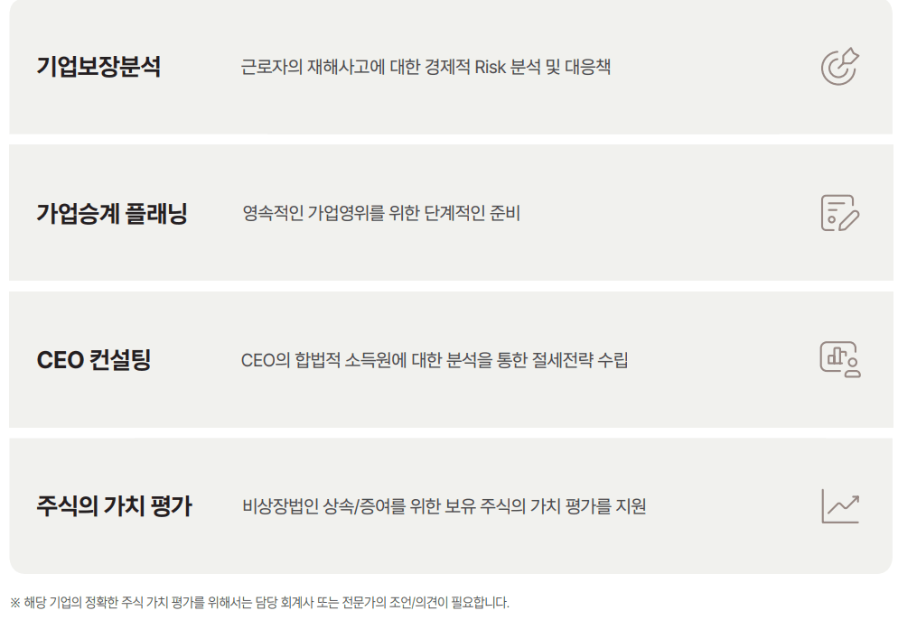 기업보장분석·가업승계 플래닝·CEO 컨설팅·주식가치 평가 네 가지 업무 영역